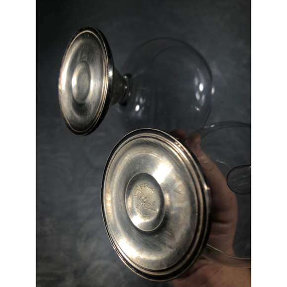 Sterling weighted etched glass sugar cups - Picture 2 of 3